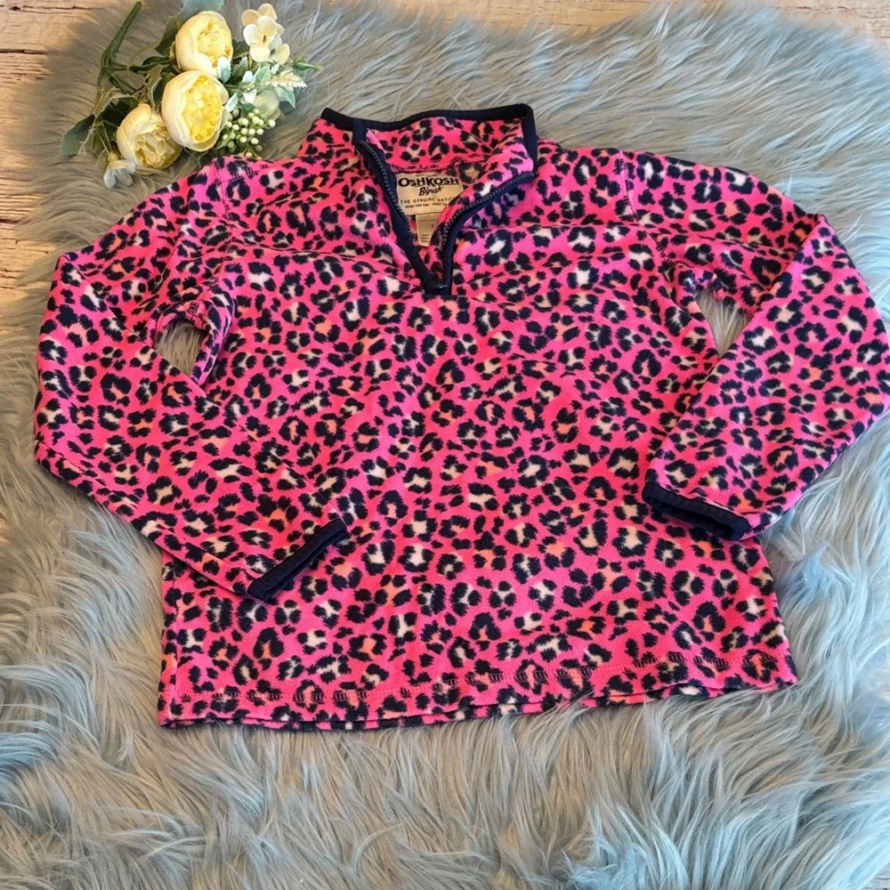 OshKosh Pink Animal Print Quarter Zip Fleece Pullover sz 7